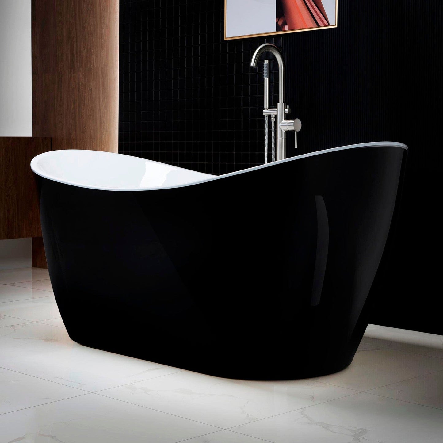 WoodBridge B1816 59" Black Acrylic Freestanding Soaking Bathtub With Brushed Nickel Drain, Overflow, F0070BNVT Tub Filler and Caddy Tray