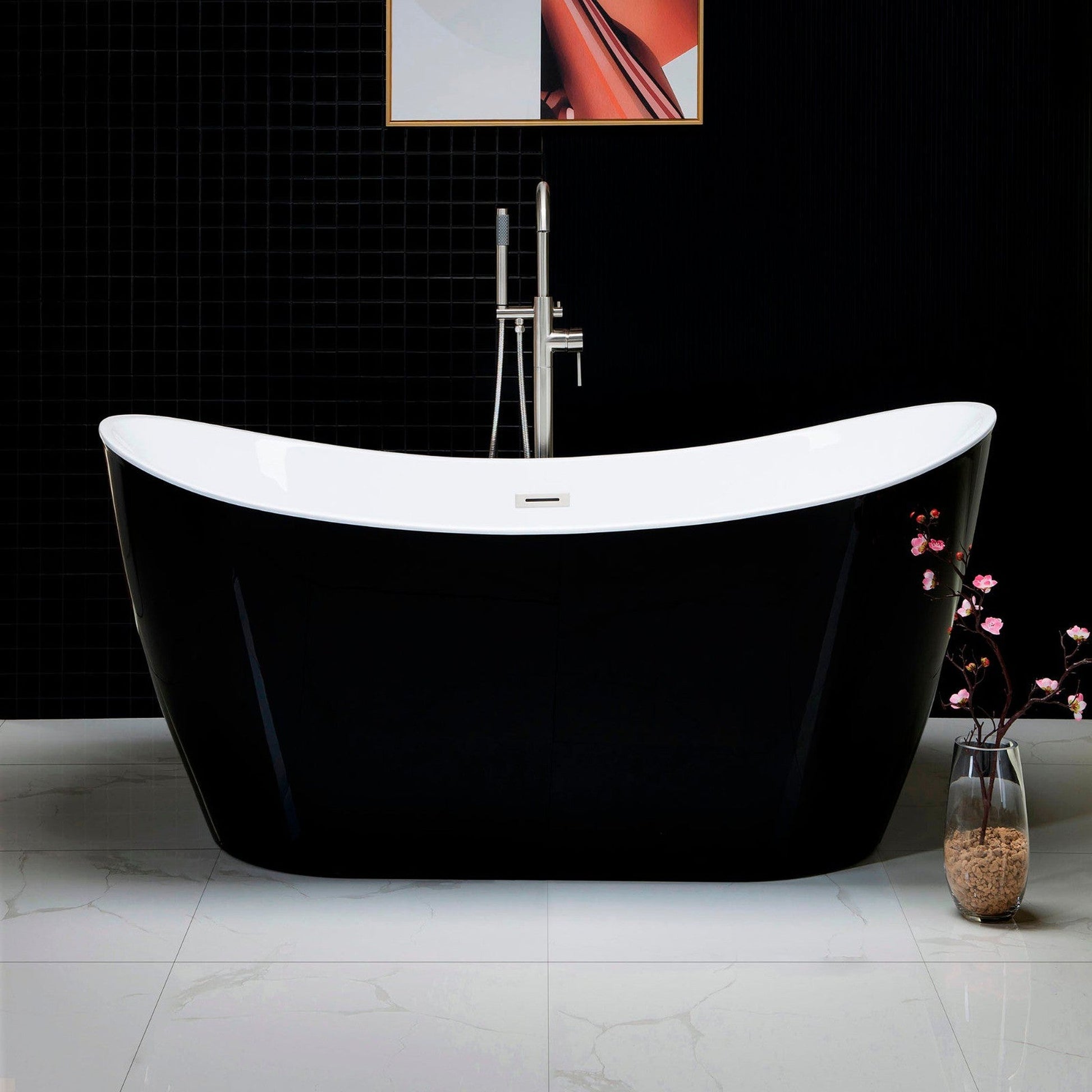 WoodBridge B1816 59" Black Acrylic Freestanding Soaking Bathtub With Brushed Nickel Drain, Overflow, F0070BNVT Tub Filler and Caddy Tray