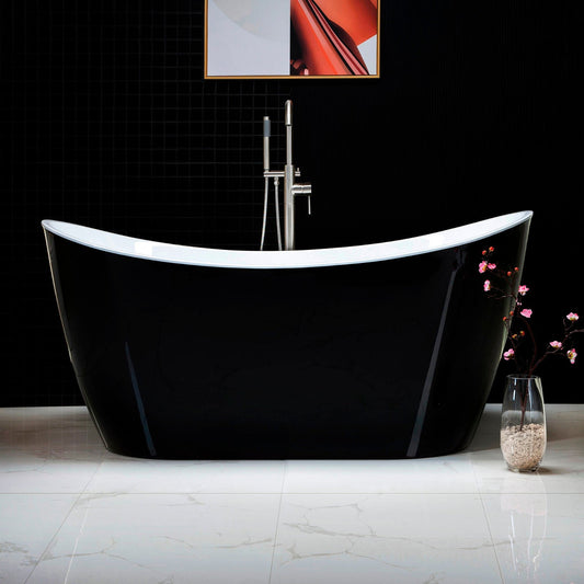 WoodBridge B1816 59" Black Acrylic Freestanding Soaking Bathtub With Brushed Nickel Drain and Overflow