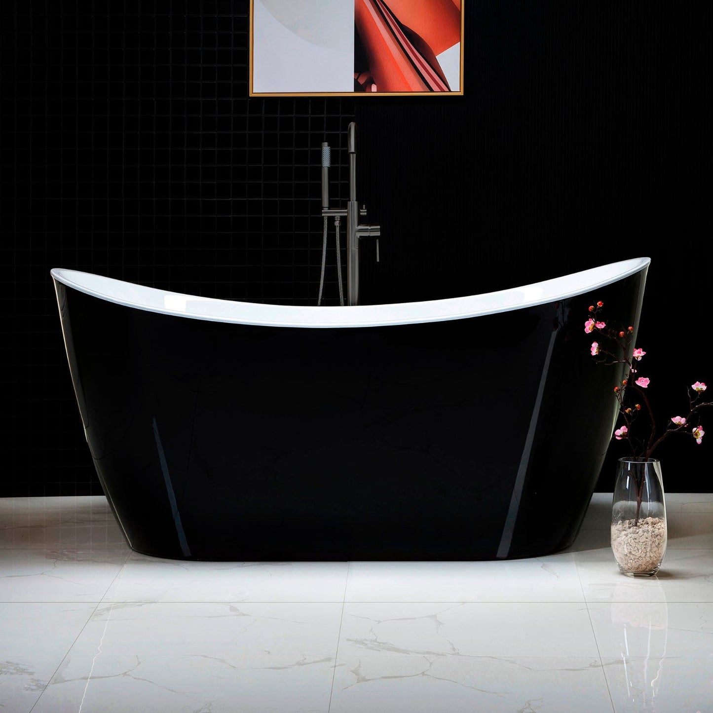 WoodBridge B1816 59" Black Acrylic Freestanding Soaking Bathtub With Matte Black Drain and Overflow