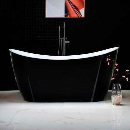 WoodBridge B1816 59" Black Acrylic Freestanding Soaking Bathtub With Matte Black Drain and Overflow