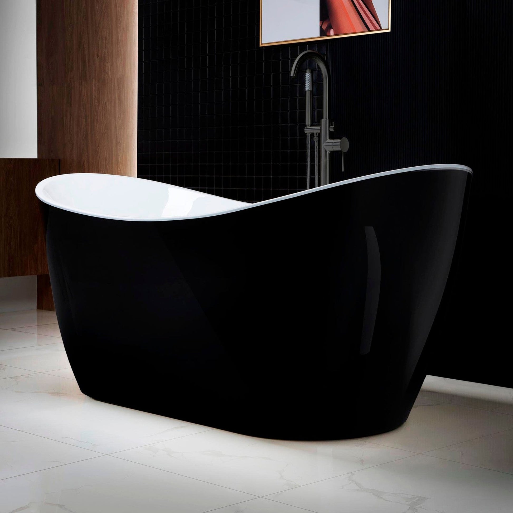 WoodBridge B1816 59" Black Acrylic Freestanding Soaking Bathtub With Matte Black Drain and Overflow