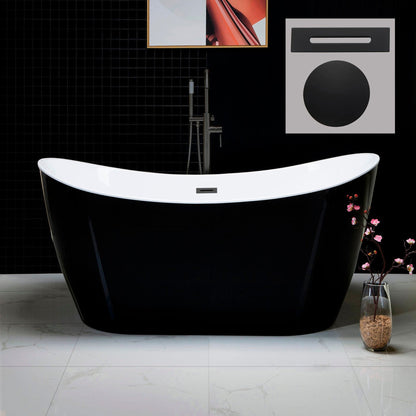 WoodBridge B1816 59" Black Acrylic Freestanding Soaking Bathtub With Matte Black Drain and Overflow