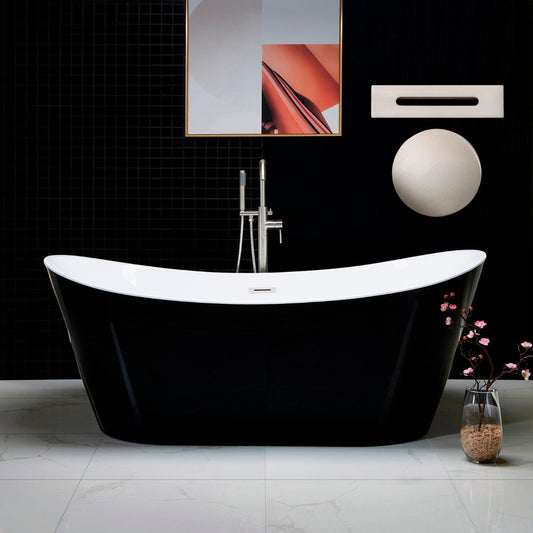 WoodBridge B1817 71" Black Acrylic Freestanding Soaking Bathtub With Brushed Nickel Drain, Overflow, F0070BNVT Tub Filler and Caddy Tray