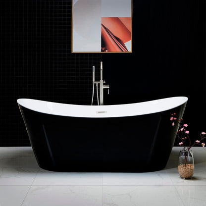 WoodBridge B1817 71" Black Acrylic Freestanding Soaking Bathtub With Brushed Nickel Drain and Overflow