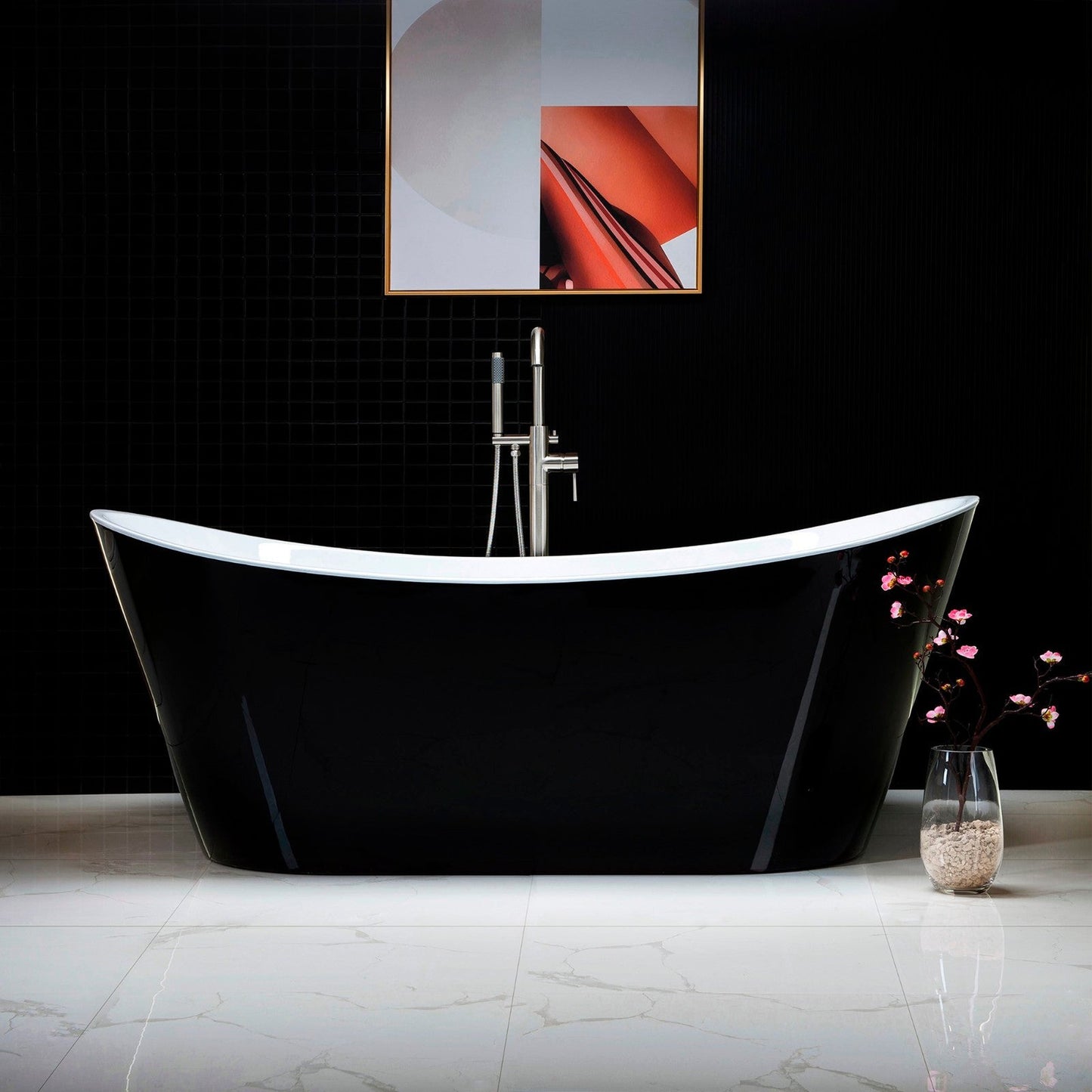 WoodBridge B1817 71" Black Acrylic Freestanding Soaking Bathtub With Brushed Nickel Drain and Overflow