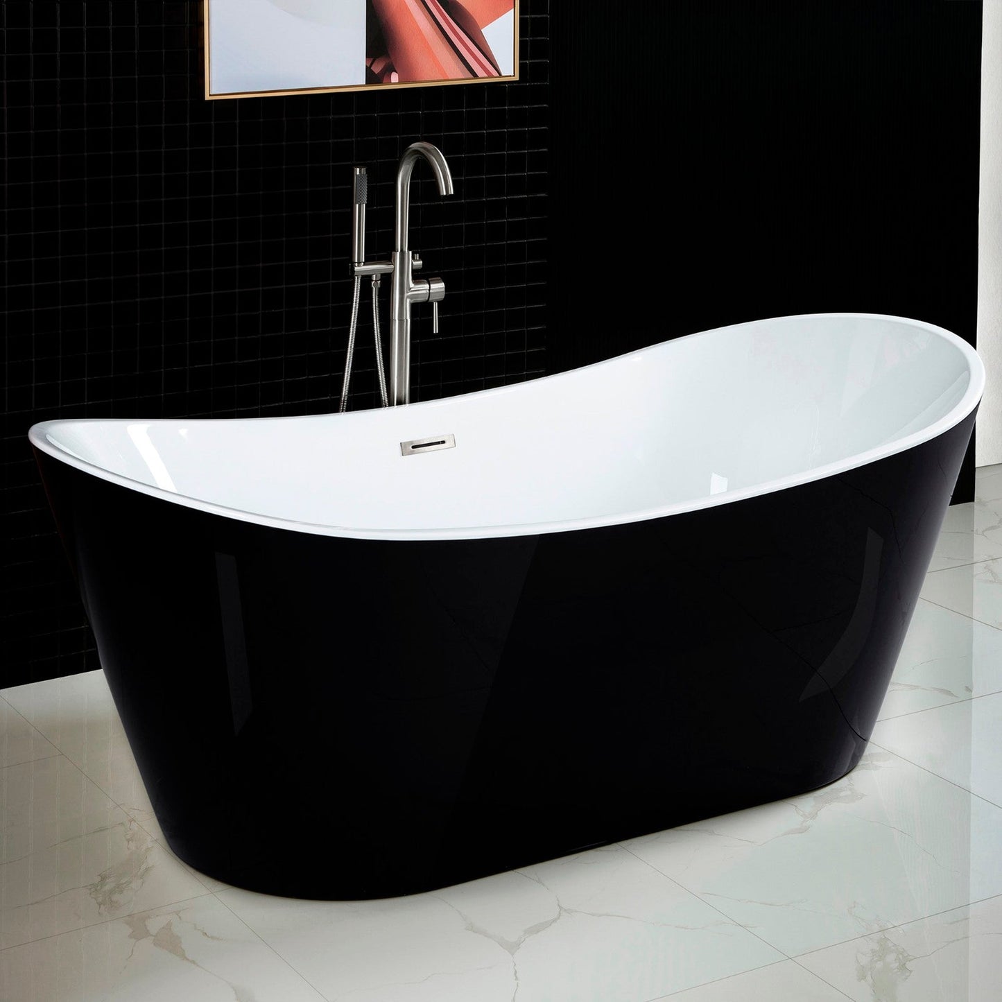 WoodBridge B1817 71" Black Acrylic Freestanding Soaking Bathtub With Brushed Nickel Drain and Overflow