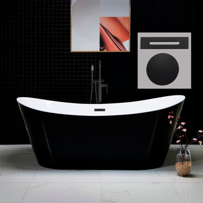 WoodBridge B1817 71" Black Acrylic Freestanding Soaking Bathtub With Matte Black Drain, Overflow, F0072MBVT Tub Filler and Caddy Tray