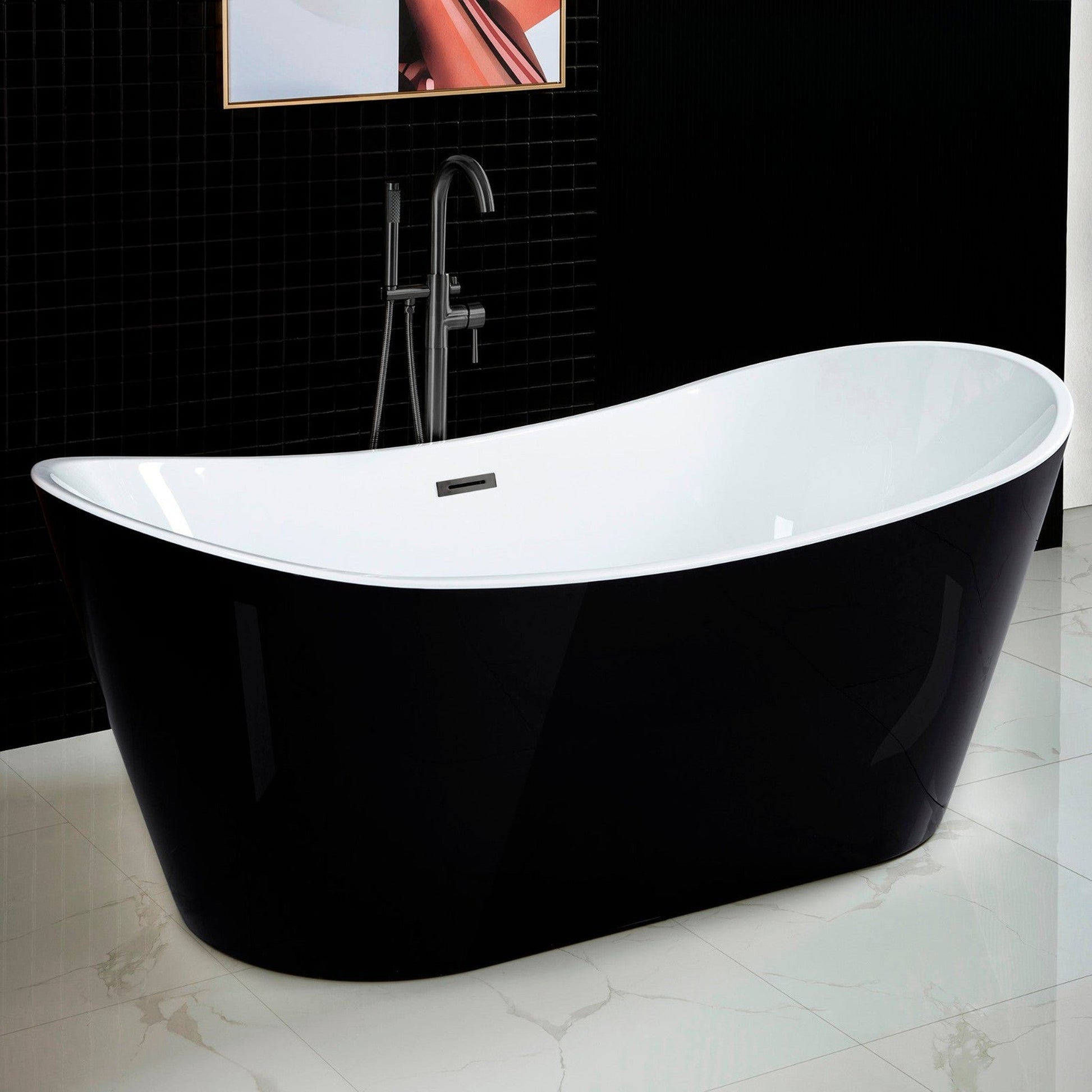 WoodBridge B1817 71" Black Acrylic Freestanding Soaking Bathtub With Matte Black Drain, Overflow, F0072MBVT Tub Filler and Caddy Tray