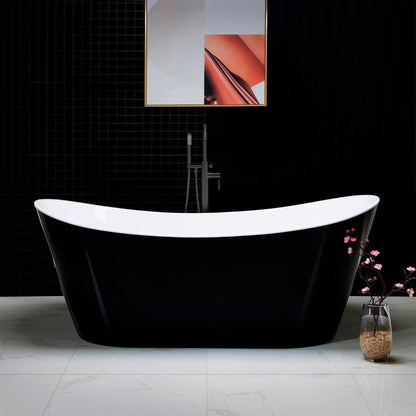 WoodBridge B1817 71" Black Acrylic Freestanding Soaking Bathtub With Matte Black Drain, Overflow, F0072MBVT Tub Filler and Caddy Tray