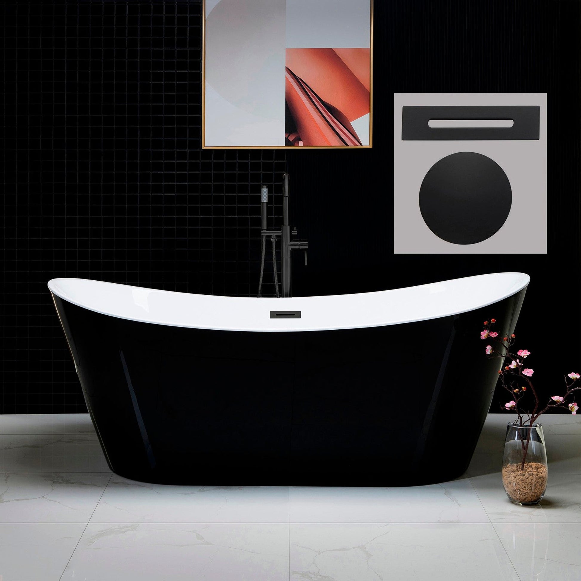 WoodBridge B1817 71" Black Acrylic Freestanding Soaking Bathtub With Matte Black Drain and Overflow