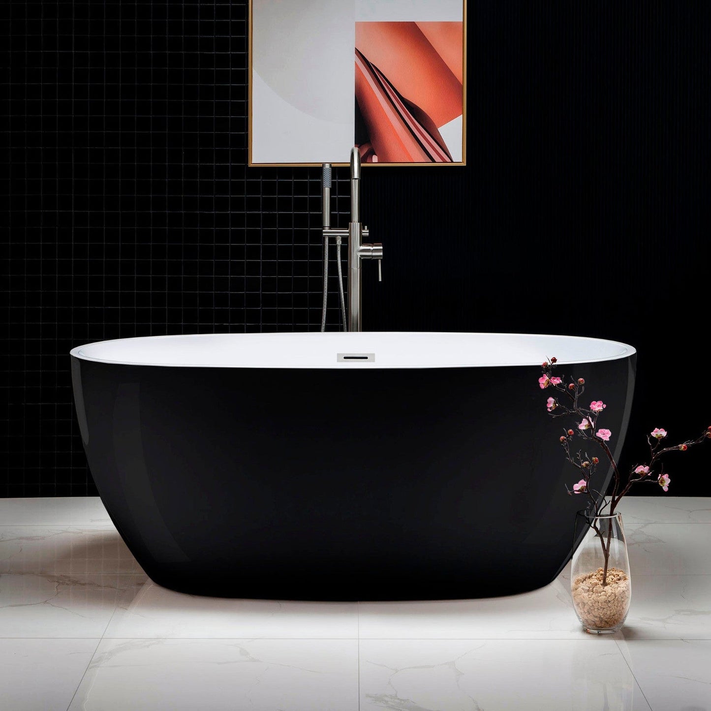 WoodBridge B1818 59" Black Acrylic Freestanding Soaking Bathtub With Brushed Nickel Drain, Overflow, F0070BNVT Tub Filler and Caddy Tray