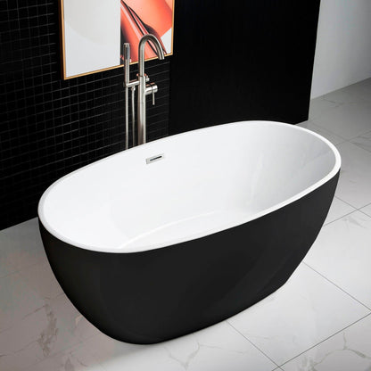 WoodBridge B1818 59" Black Acrylic Freestanding Soaking Bathtub With Brushed Nickel Drain, Overflow, F0070BNVT Tub Filler and Caddy Tray