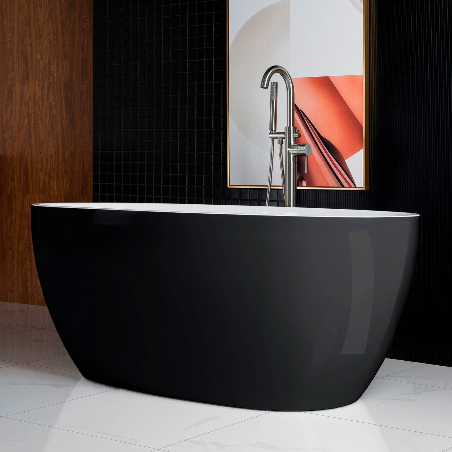 WoodBridge B1818 59" Black Acrylic Freestanding Soaking Bathtub With Brushed Nickel Drain, Overflow, F0070BNVT Tub Filler and Caddy Tray