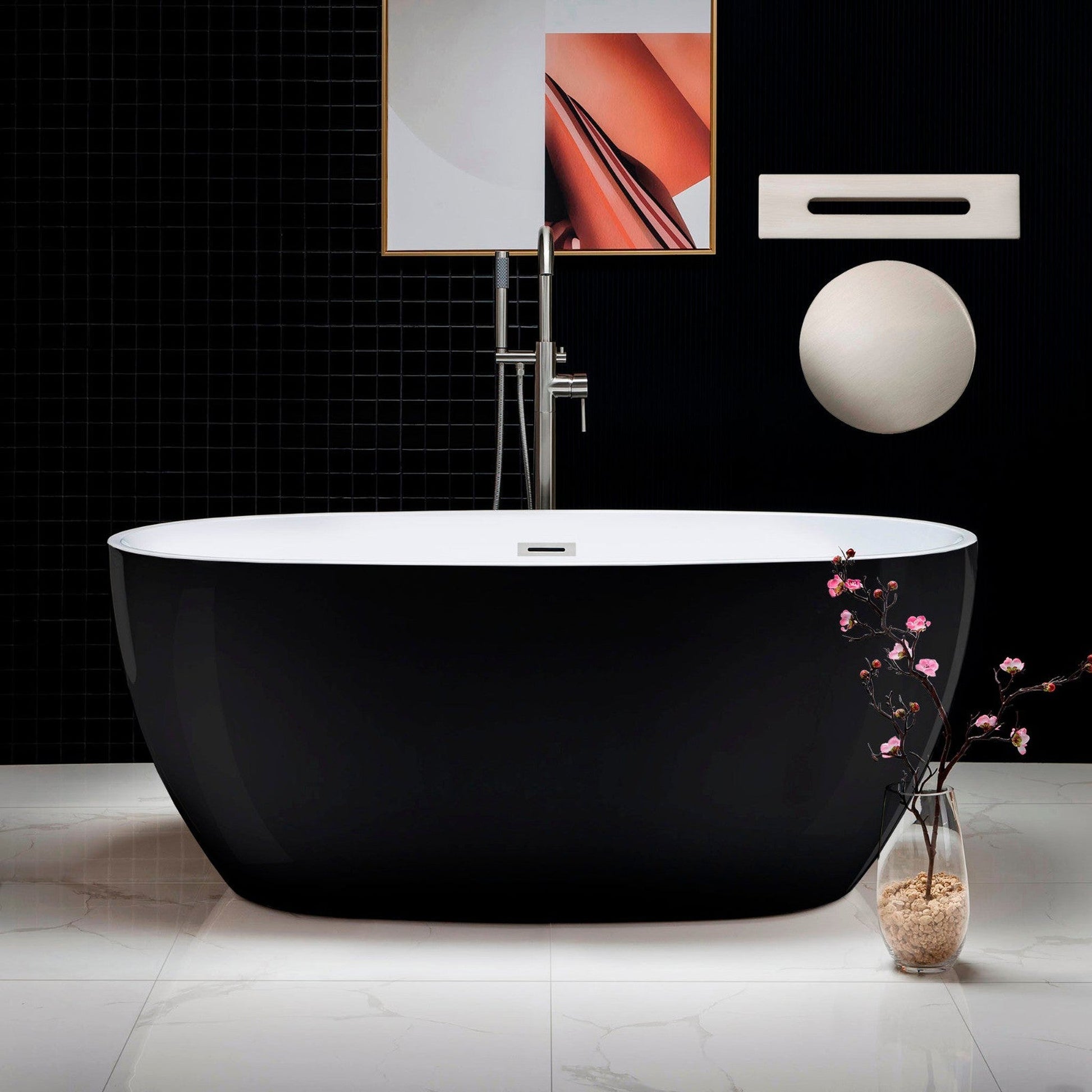 WoodBridge B1818 59" Black Acrylic Freestanding Soaking Bathtub With Brushed Nickel Drain, Overflow, F0070BNVT Tub Filler and Caddy Tray