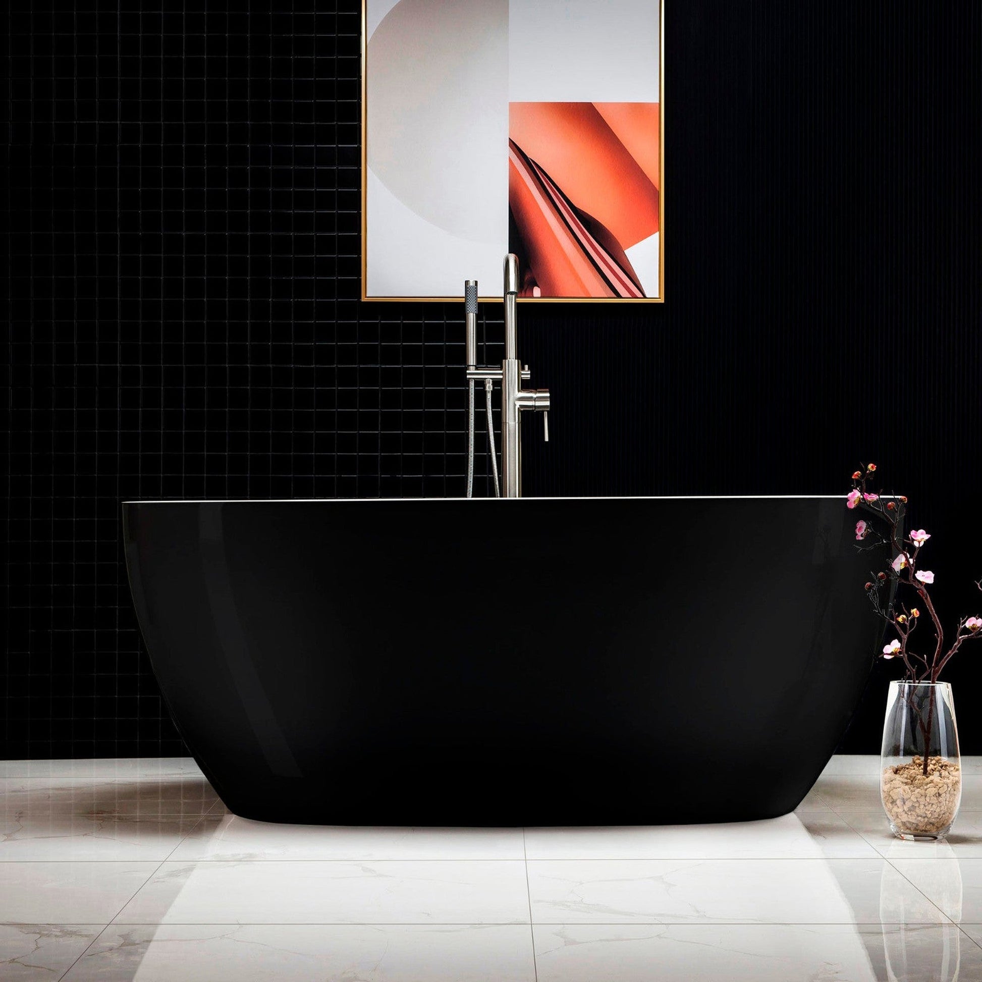 WoodBridge B1818 59" Black Acrylic Freestanding Soaking Bathtub With Brushed Nickel Drain, Overflow, F0070BNVT Tub Filler and Caddy Tray