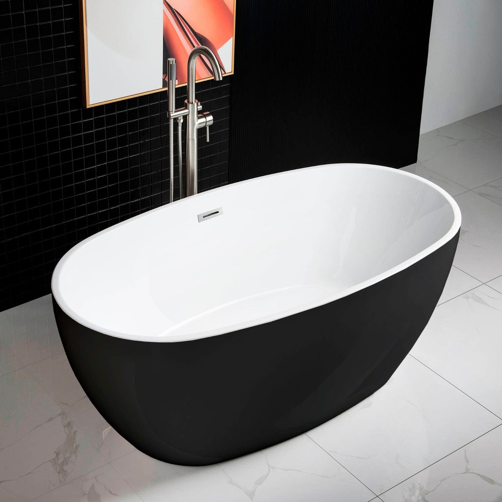 WoodBridge B1818 59" Black Acrylic Freestanding Soaking Bathtub With Brushed Nickel Drain, Overflow, F0070BNVT Tub Filler and Caddy Tray