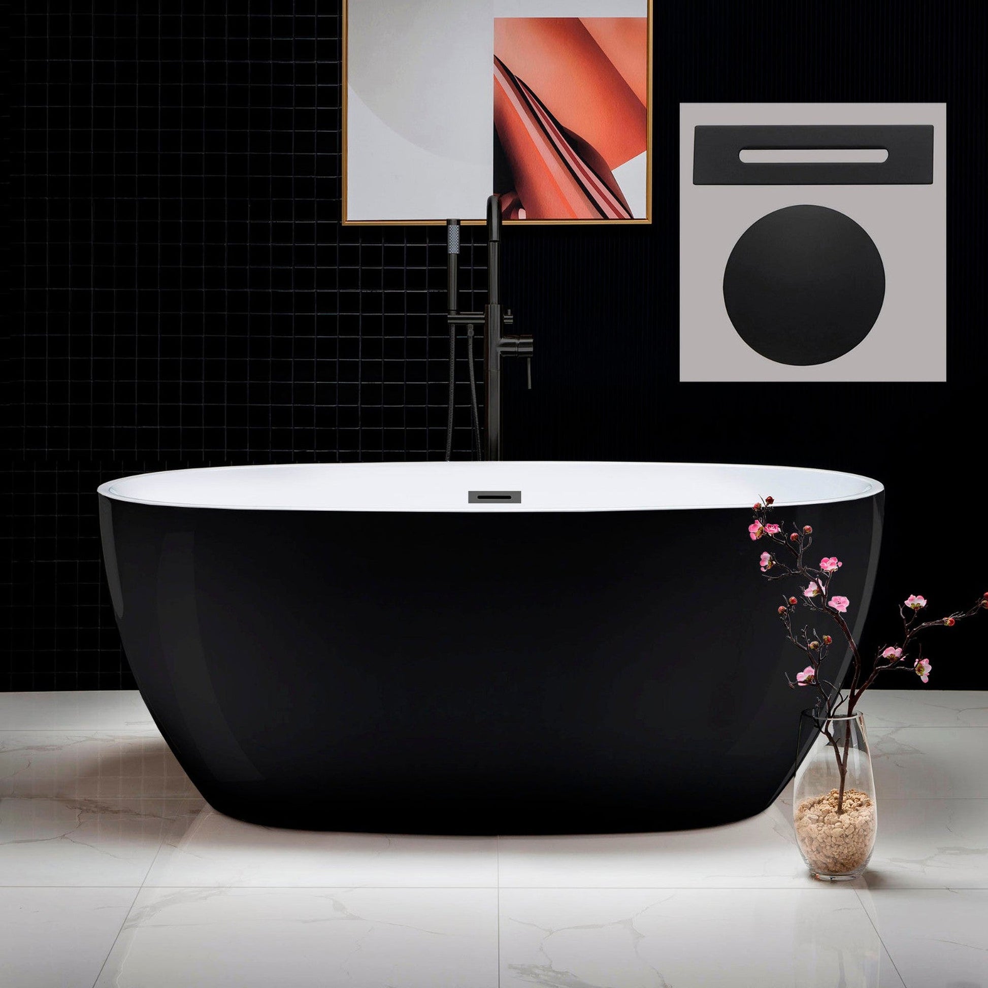 WoodBridge B1818 59" Black Acrylic Freestanding Soaking Bathtub With Matte Black Drain, Overflow, F0037MB Tub Filler and Caddy Tray