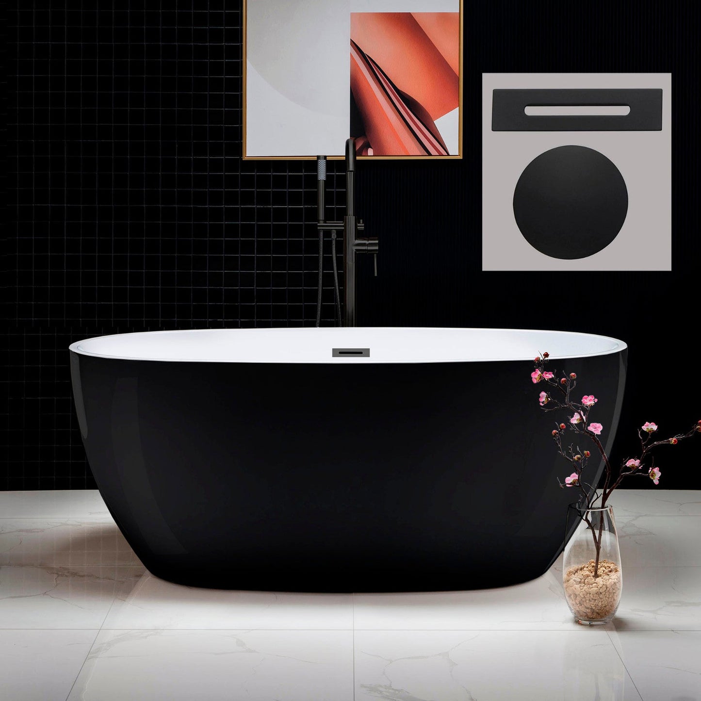 WoodBridge B1818 59" Black Acrylic Freestanding Soaking Bathtub With Matte Black Drain and Overflow