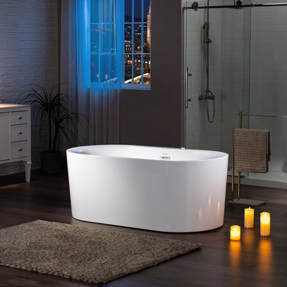 WoodBridge BJ100 60" White Acrylic Freestanding Whirlpool Water Jetted and Air Bubble Heated Soaking Bathtub With LED Control Panel