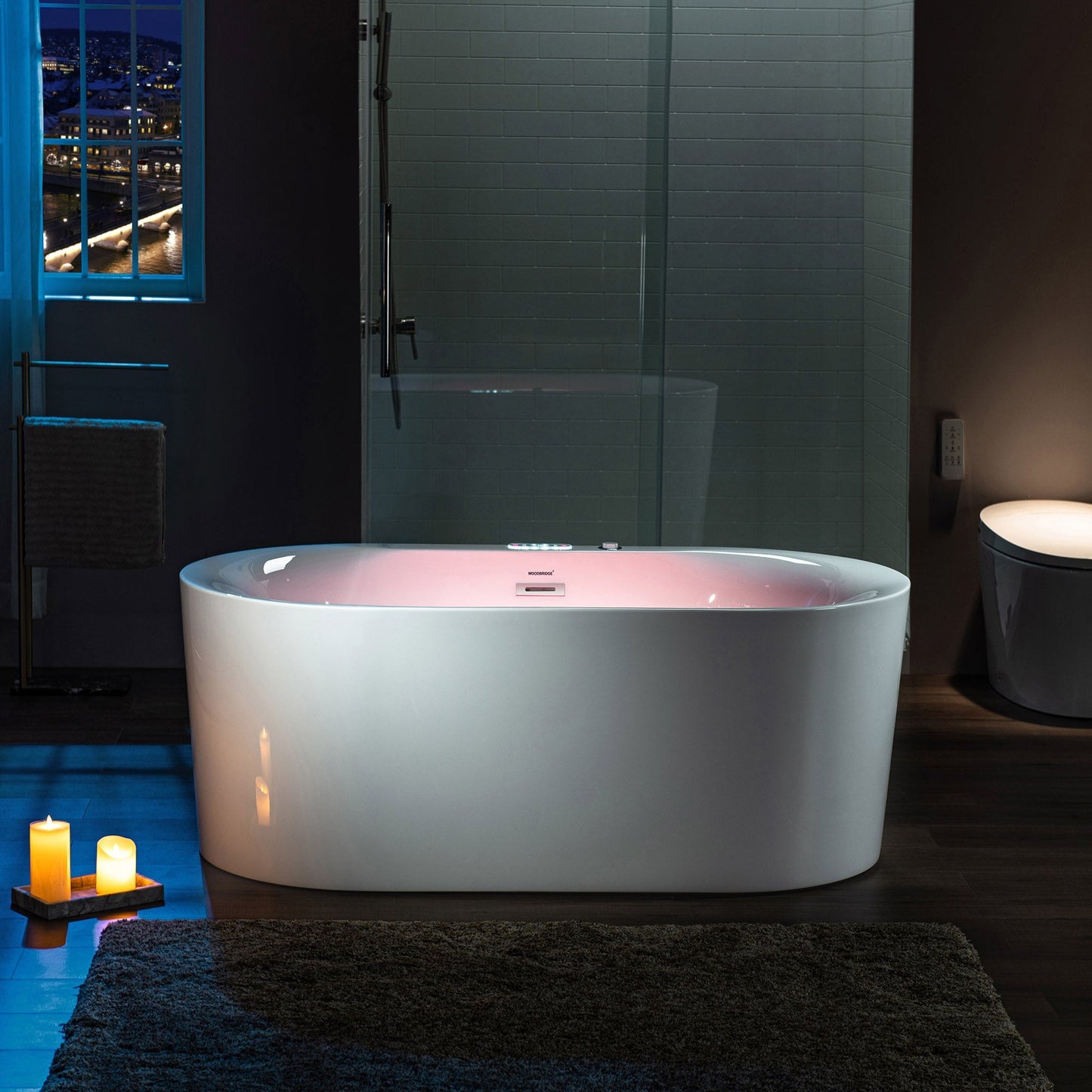 WoodBridge BJ100 60" White Acrylic Freestanding Whirlpool Water Jetted and Air Bubble Heated Soaking Bathtub With LED Control Panel