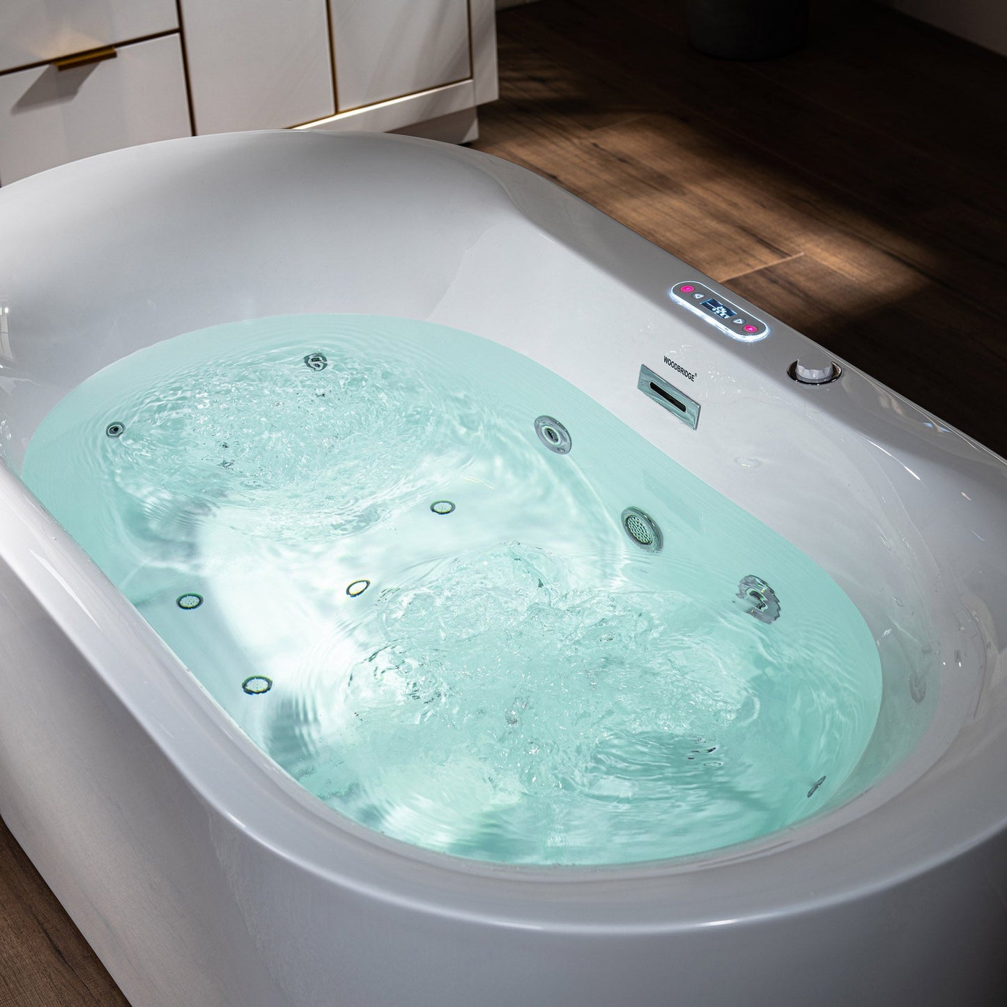 WoodBridge BJ100 60" White Acrylic Freestanding Whirlpool Water Jetted and Air Bubble Heated Soaking Bathtub With LED Control Panel