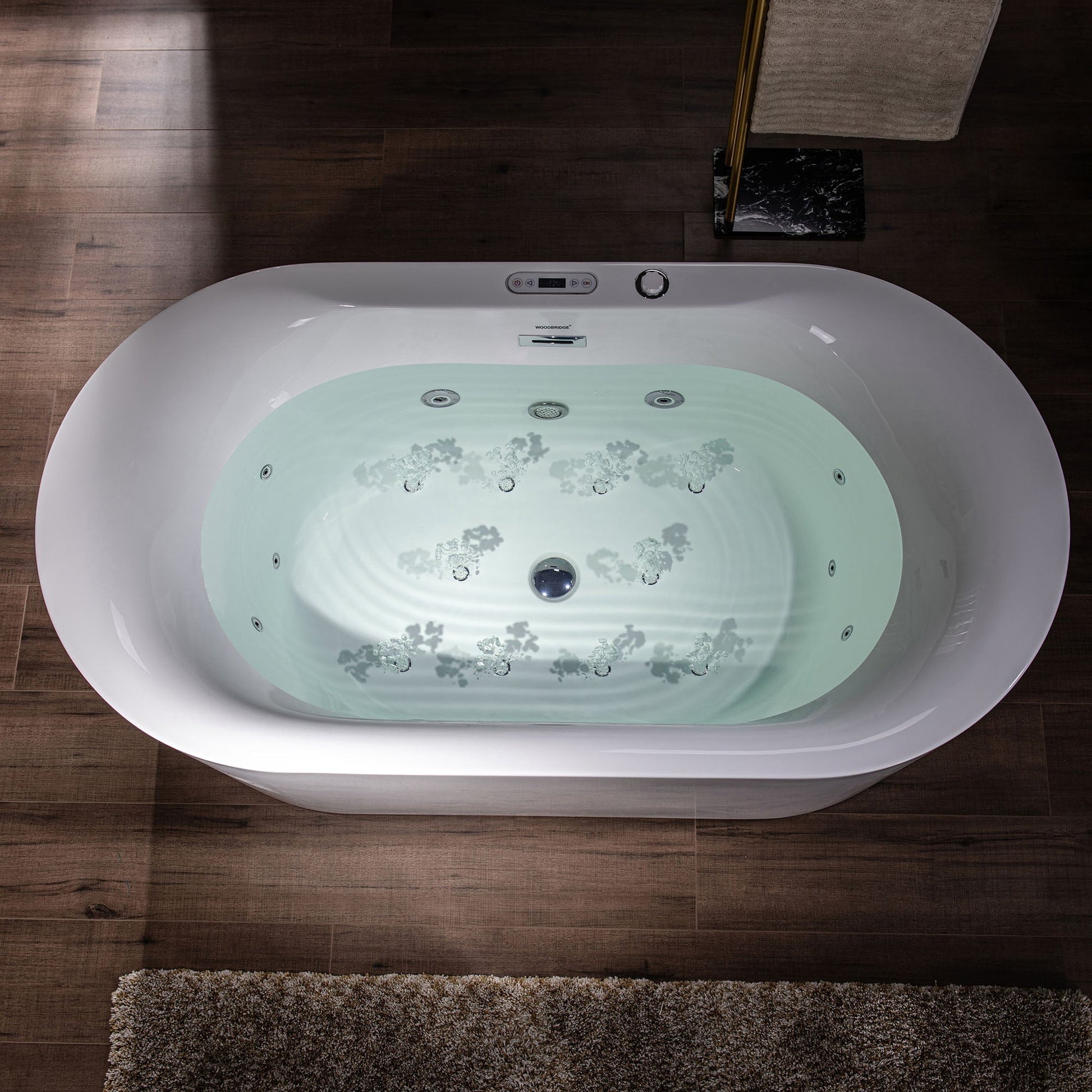 WoodBridge BJ100 60" White Acrylic Freestanding Whirlpool Water Jetted and Air Bubble Heated Soaking Bathtub With LED Control Panel