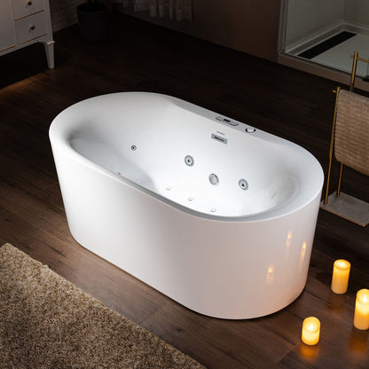 WoodBridge BJ100 60" White Acrylic Freestanding Whirlpool Water Jetted and Air Bubble Heated Soaking Bathtub With LED Control Panel