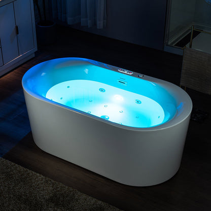 WoodBridge BJ100 60" White Acrylic Freestanding Whirlpool Water Jetted and Air Bubble Heated Soaking Bathtub With LED Control Panel