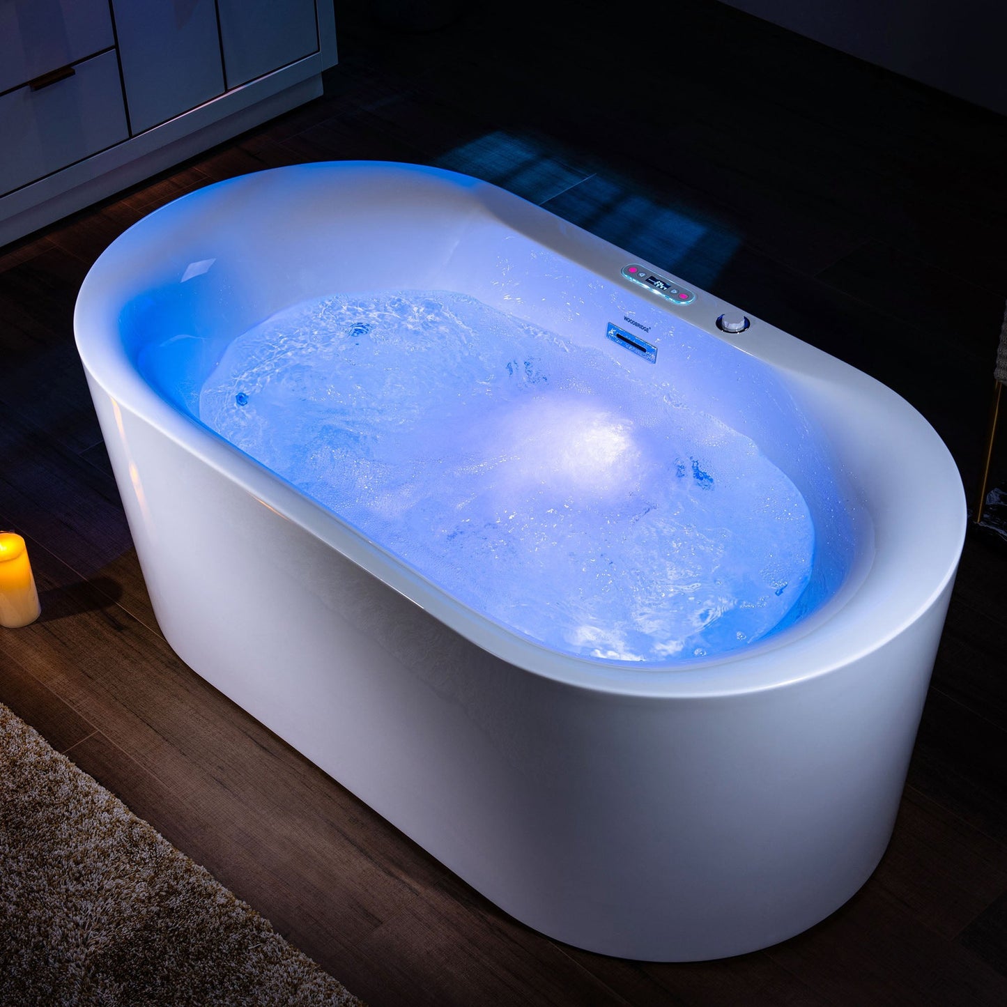 WoodBridge BJ100 60" White Acrylic Freestanding Whirlpool Water Jetted and Air Bubble Heated Soaking Bathtub With LED Control Panel