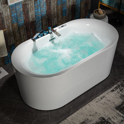 WoodBridge BJ100 60" White Acrylic Freestanding Whirlpool Water Jetted and Air Bubble Heated Soaking Bathtub With Tub Filler and LED Control Panel