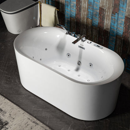 WoodBridge BJ100 60" White Acrylic Freestanding Whirlpool Water Jetted and Air Bubble Heated Soaking Bathtub With Tub Filler and LED Control Panel