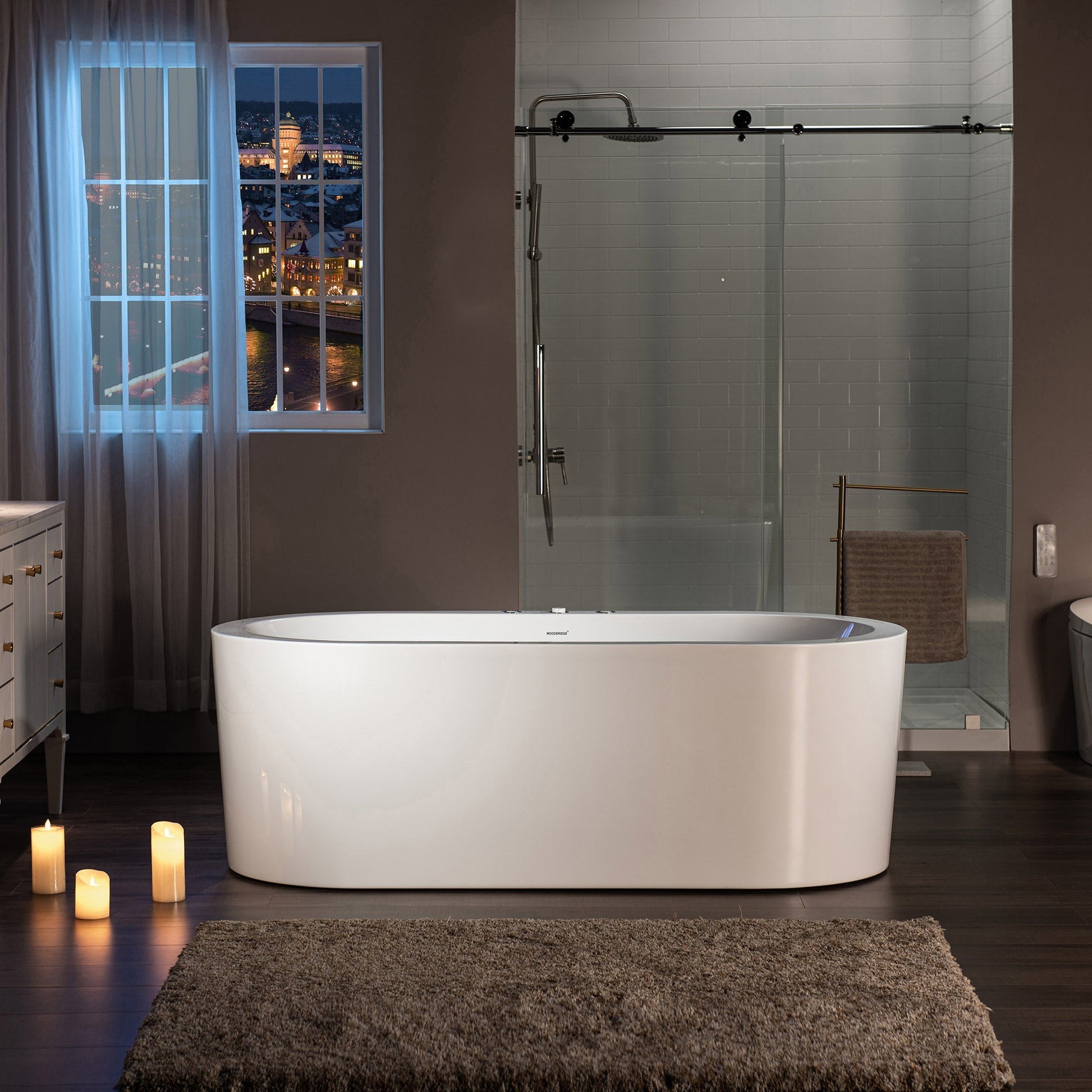 WoodBridge BJ200 67" White Acrylic Freestanding Whirlpool Water Jetted and Air Bubble Heated Soaking Bathtub