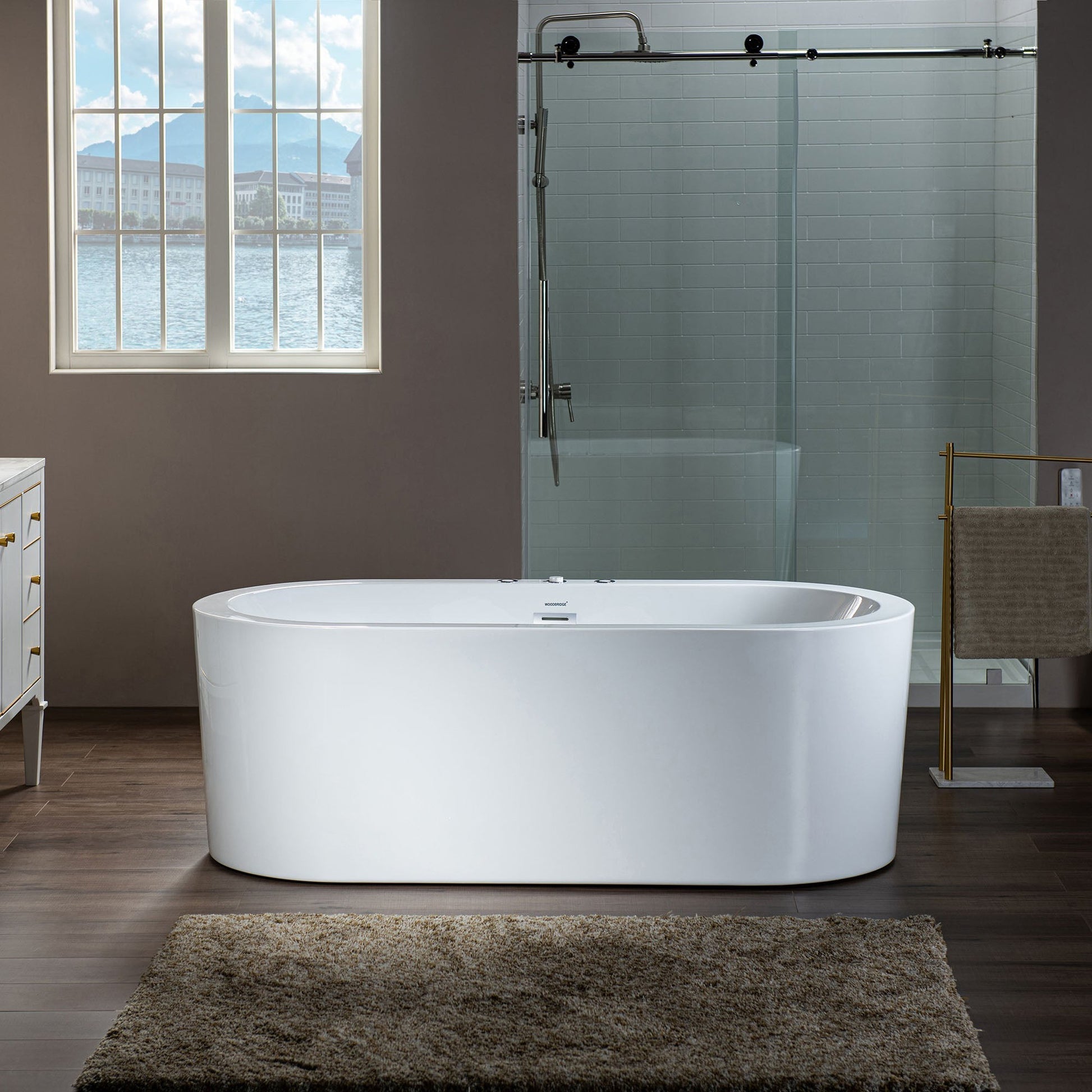 WoodBridge BJ200 67" White Acrylic Freestanding Whirlpool Water Jetted and Air Bubble Heated Soaking Bathtub