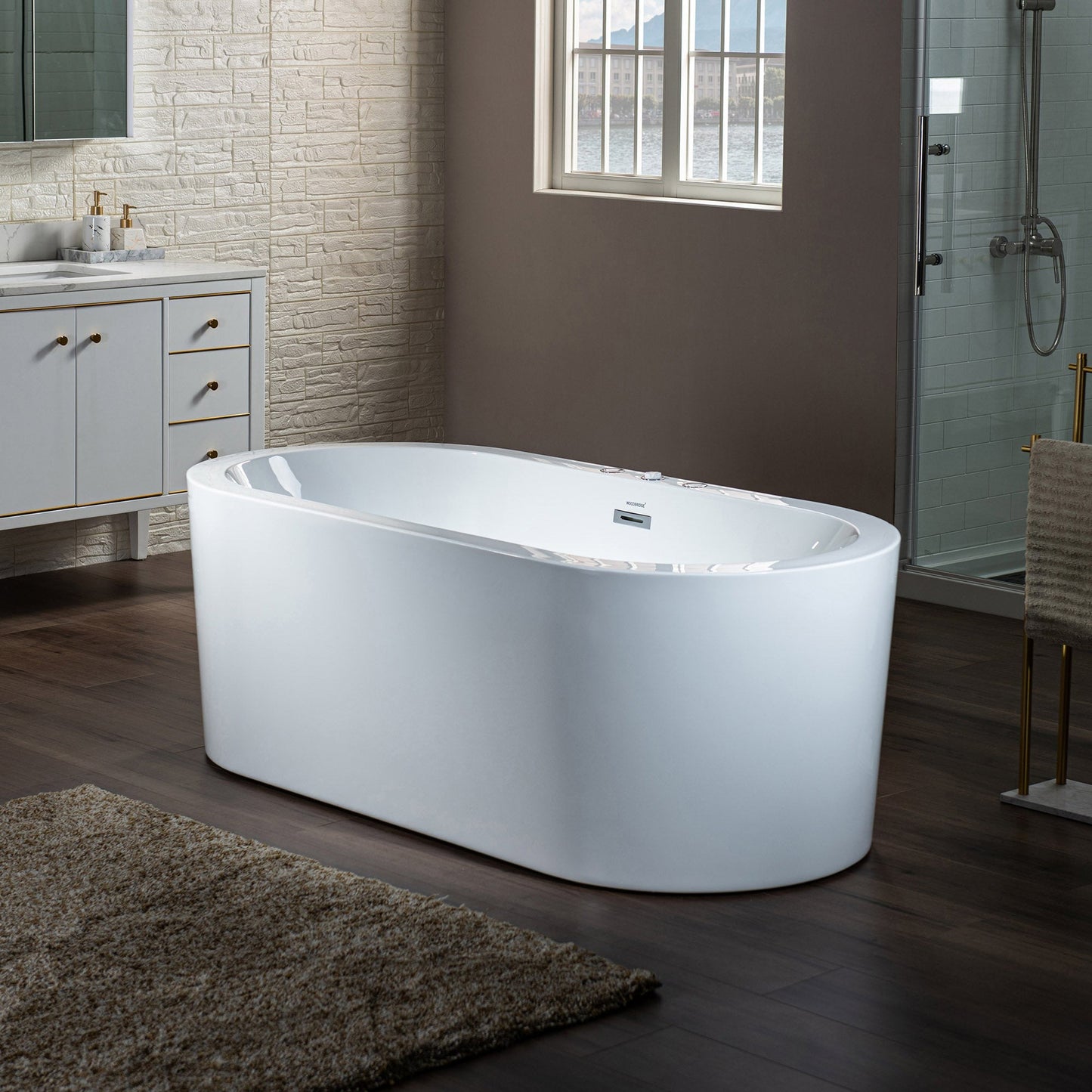 WoodBridge BJ200 67" White Acrylic Freestanding Whirlpool Water Jetted and Air Bubble Heated Soaking Bathtub