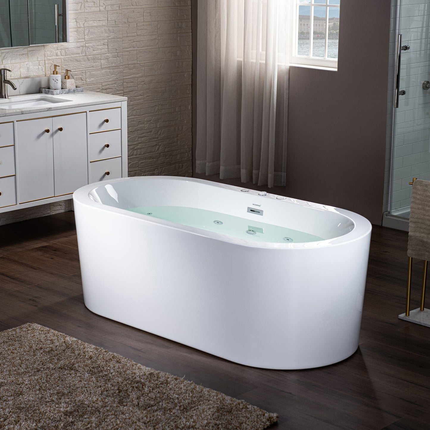 WoodBridge BJ200 67" White Acrylic Freestanding Whirlpool Water Jetted and Air Bubble Heated Soaking Bathtub