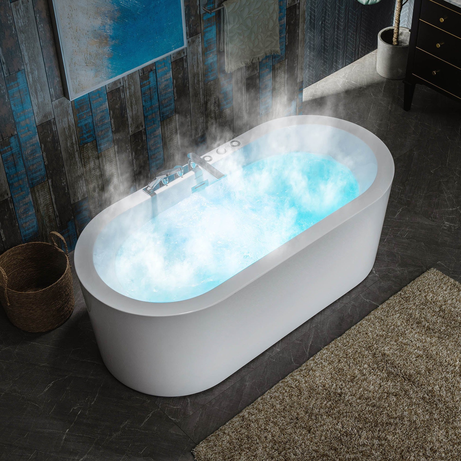 WoodBridge BJ200 67" White Acrylic Freestanding Whirlpool Water Jetted and Air Bubble Heated Soaking Bathtub With Tub Filler