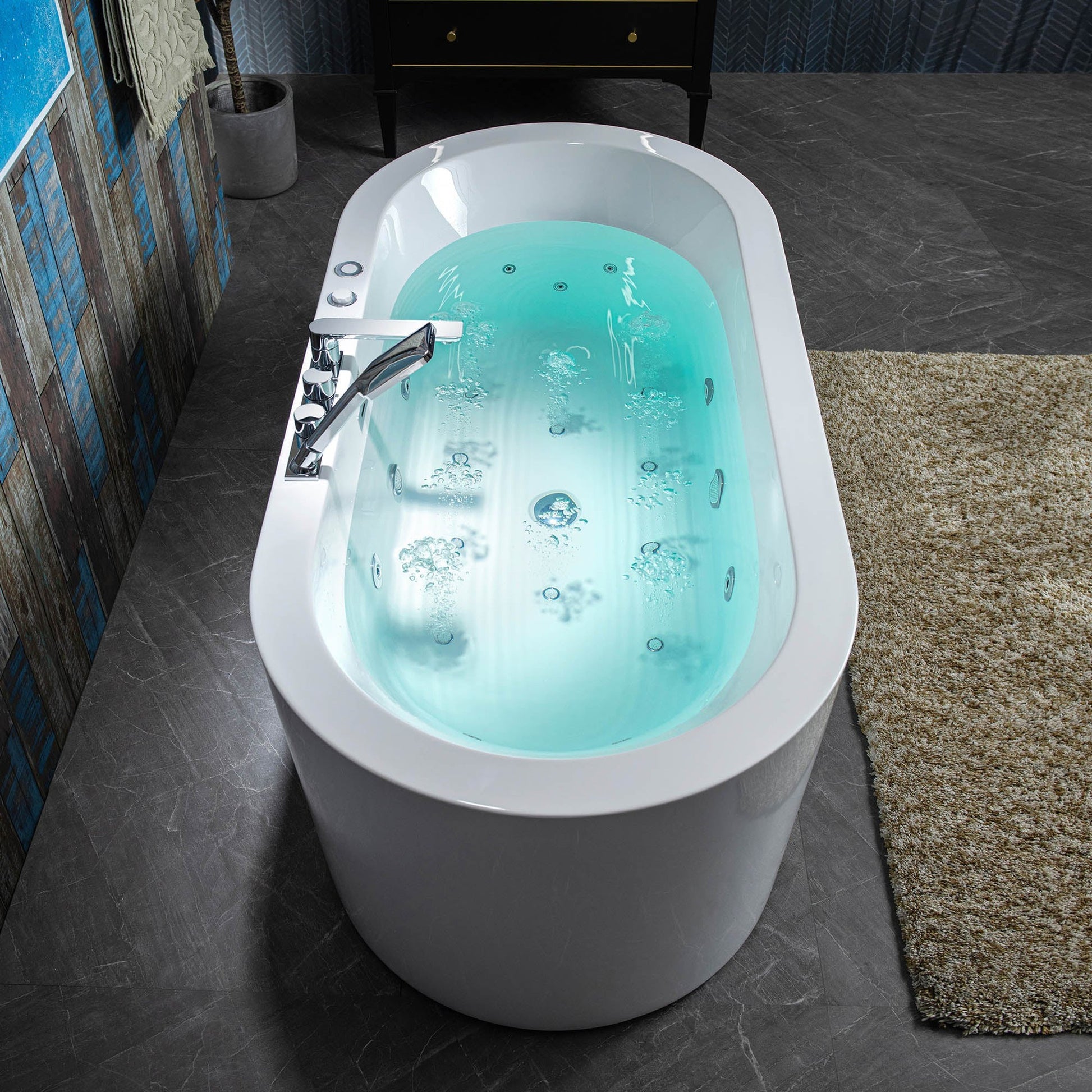 WoodBridge BJ200 67" White Acrylic Freestanding Whirlpool Water Jetted and Air Bubble Heated Soaking Bathtub With Tub Filler