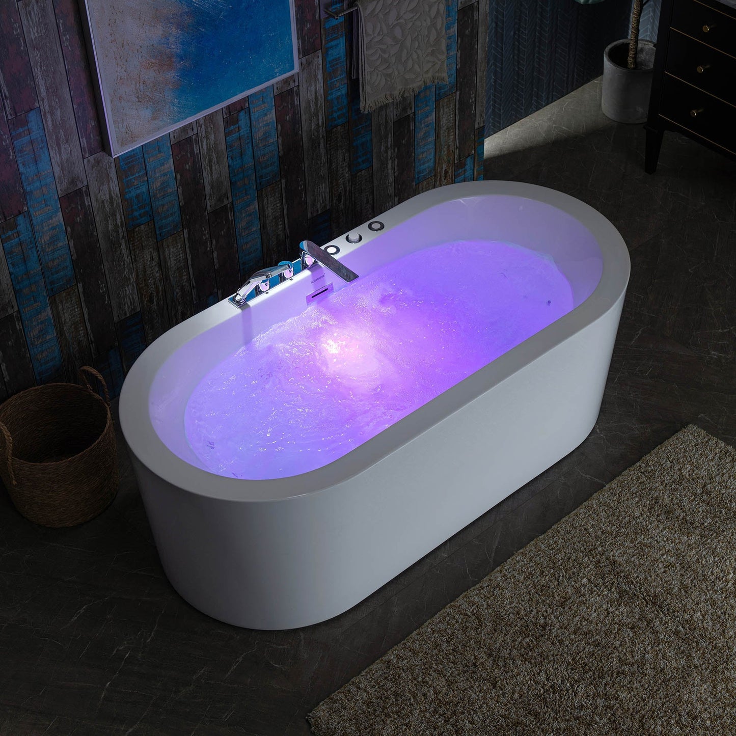 WoodBridge BJ200 67" White Acrylic Freestanding Whirlpool Water Jetted and Air Bubble Heated Soaking Bathtub With Tub Filler