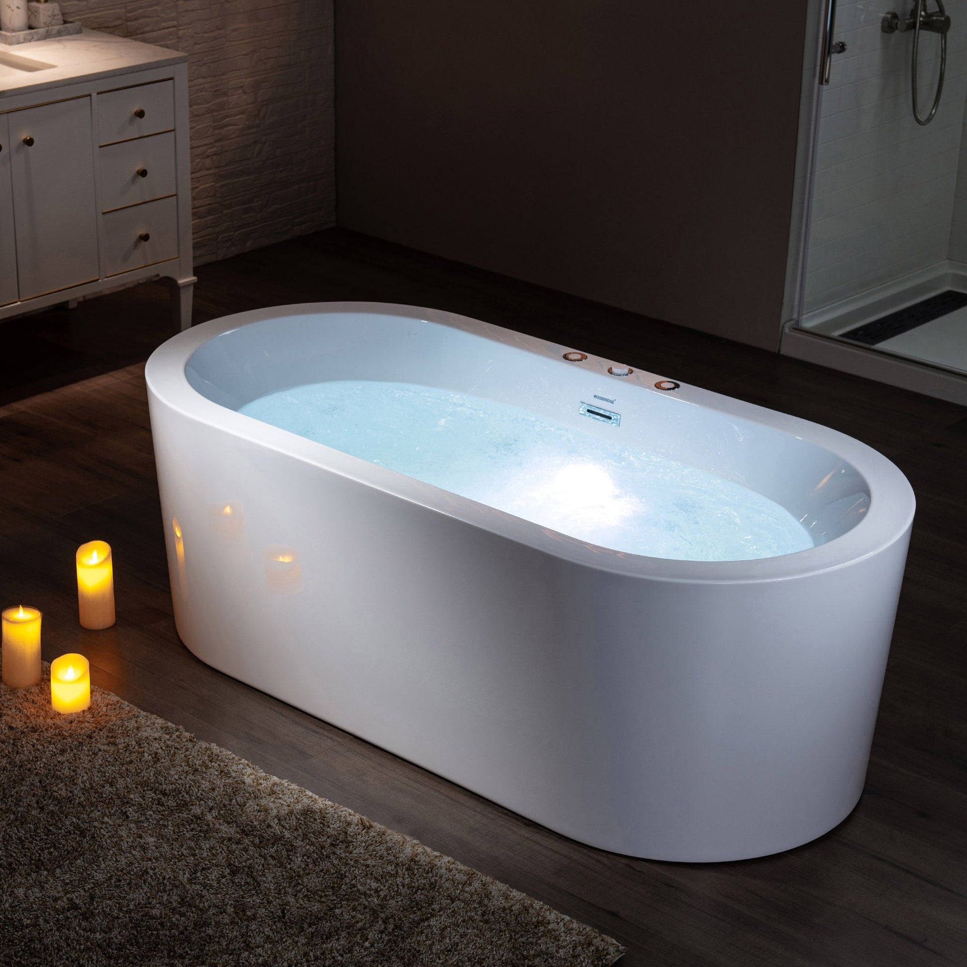 WoodBridge BJ200 67" White Acrylic Freestanding Whirlpool Water Jetted and Air Bubble Heated Soaking Bathtub