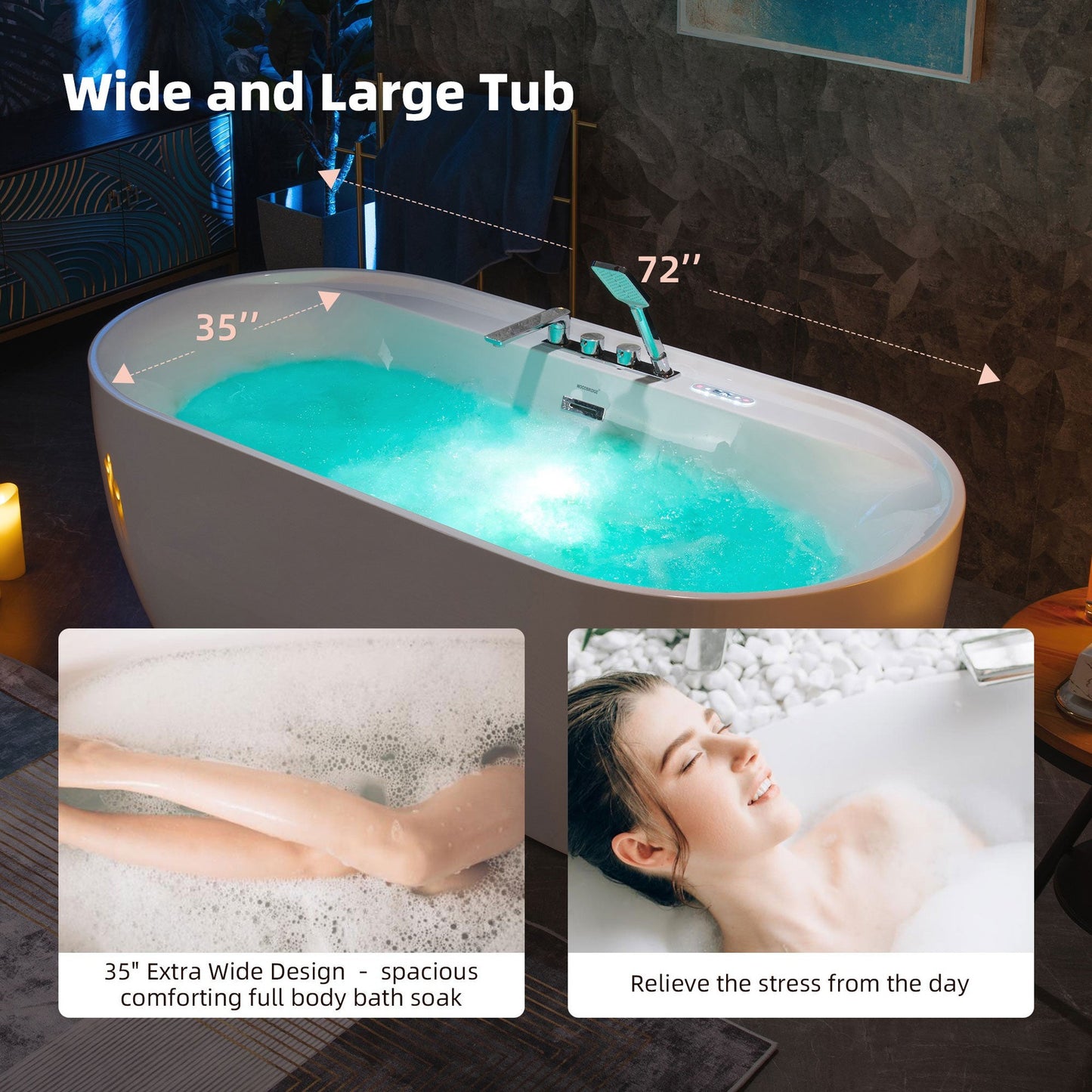WoodBridge BJ500+F0041CH 72" White Whirlpool and Air Bath Heated Soaking Combination Tub With Adjustable Speed Air Blower, Tub Filler and Display Control Panel