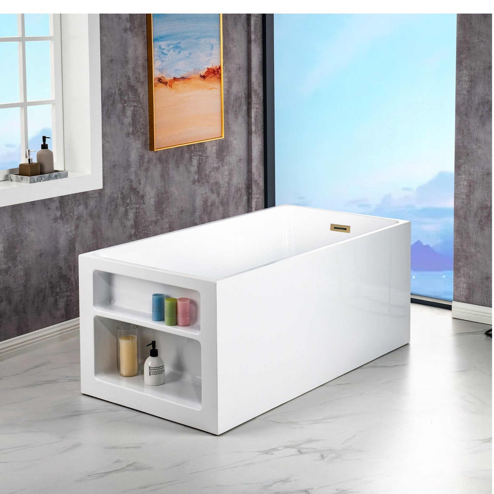 WoodBridge BTA0081 59" White Acrylic Freestanding Soaking Bathtub With Brushed Gold Overflow, Drain, F-0003-BG Tub Filler and Caddy Tray