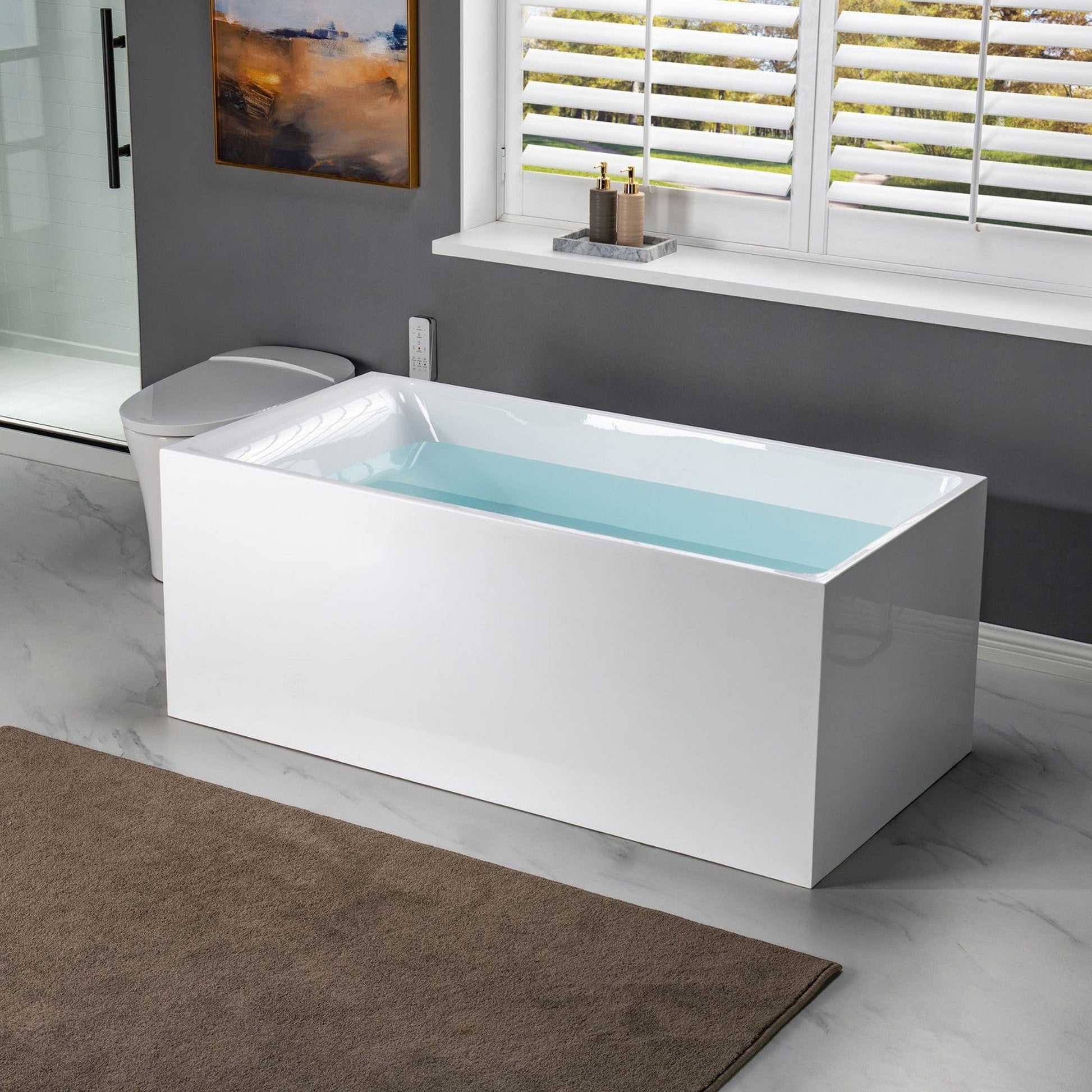 WoodBridge BTA0081 59" White Acrylic Freestanding Soaking Bathtub With Brushed Gold Overflow, Drain, F-0003-BG Tub Filler and Caddy Tray