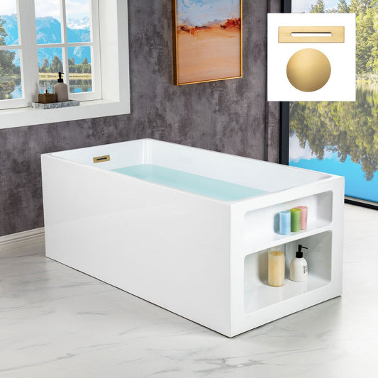 WoodBridge BTA0081 59" White Acrylic Freestanding Soaking Bathtub With Brushed Gold Overflow, Drain, F-0003-BG Tub Filler and Caddy Tray