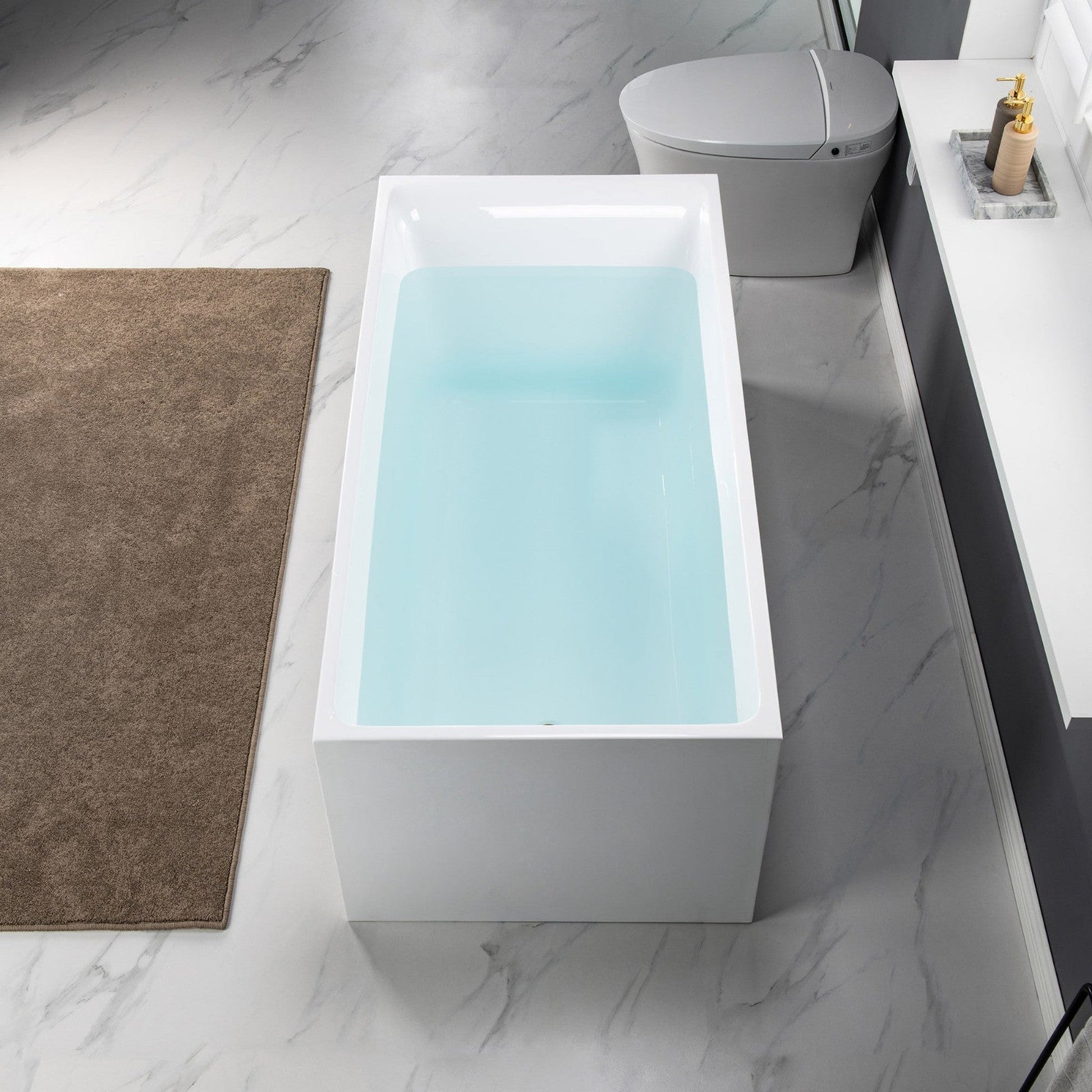 WoodBridge BTA0081 59" White Acrylic Freestanding Soaking Bathtub With Brushed Gold Overflow, Drain, F-0008 Tub Filler and Caddy Tray