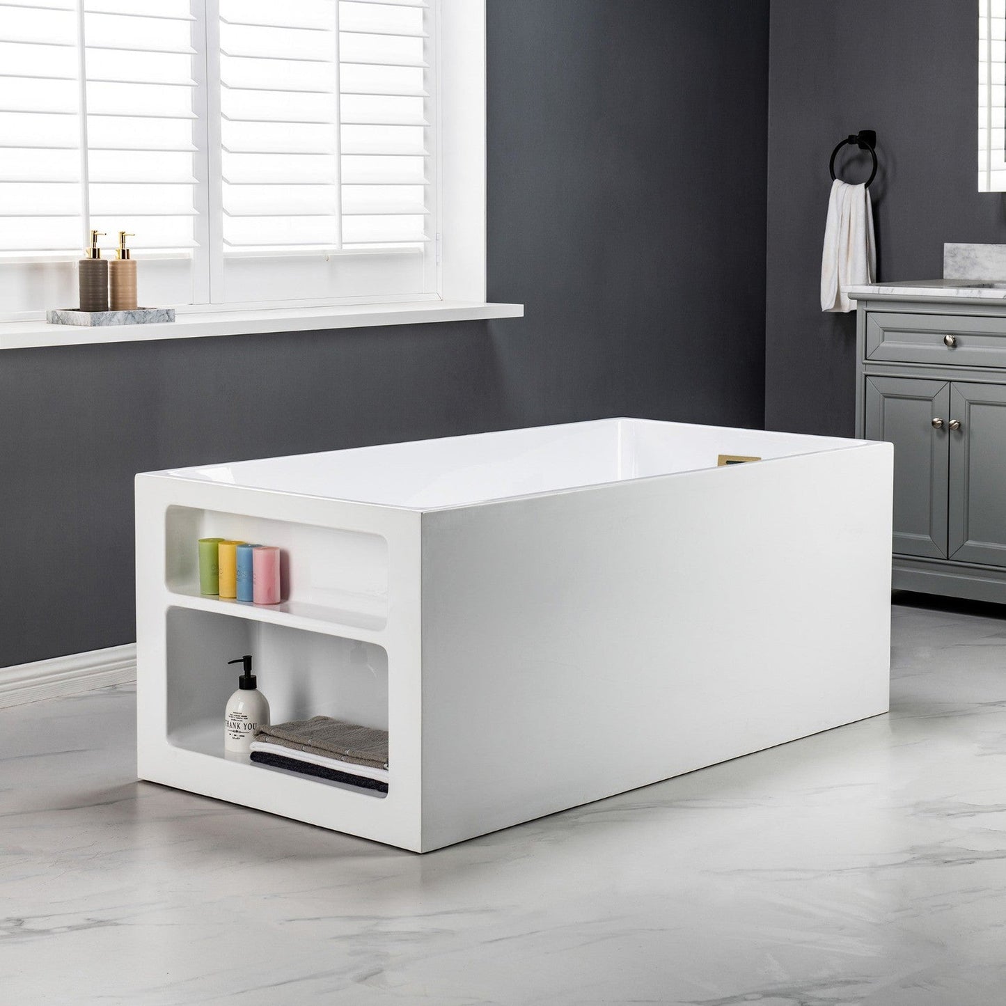 WoodBridge BTA0081 59" White Acrylic Freestanding Soaking Bathtub With Brushed Gold Overflow, Drain, F-0008 Tub Filler and Caddy Tray