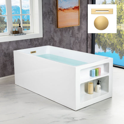 WoodBridge BTA0081 59" White Acrylic Freestanding Soaking Bathtub With Brushed Gold Overflow, Drain, F0073BGRD Tub Filler and Caddy Tray