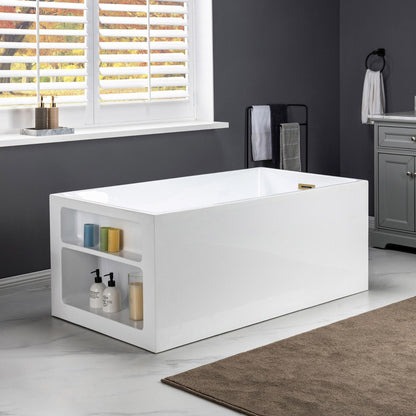 WoodBridge BTA0081 59" White Acrylic Freestanding Soaking Bathtub With Brushed Gold Overflow, Drain, F0073BGVT Tub Filler and Caddy Tray