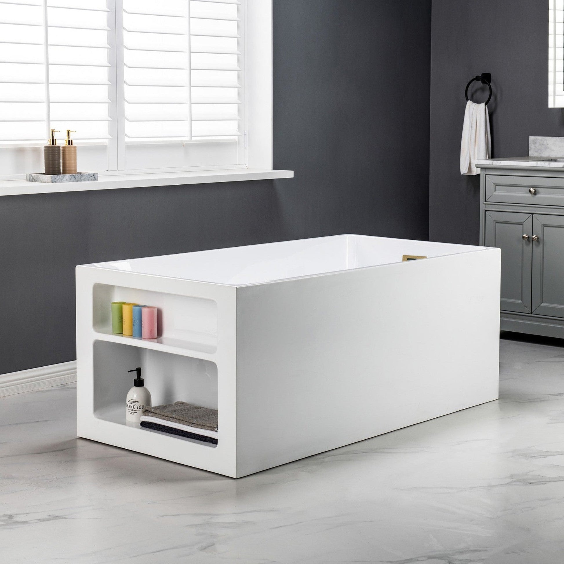 WoodBridge BTA0081 59" White Acrylic Freestanding Soaking Bathtub With Brushed Gold Overflow, Drain, F0073BGVT Tub Filler and Caddy Tray