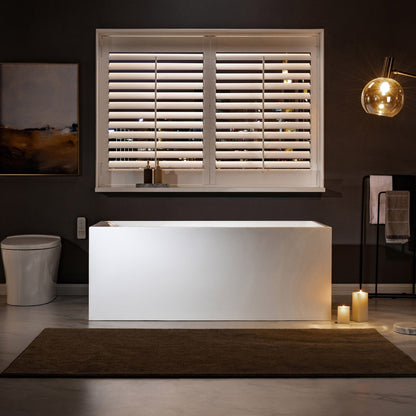 WoodBridge BTA0081 59" White Acrylic Freestanding Soaking Bathtub With Brushed Gold Overflow, Drain, F0073BGVT Tub Filler and Caddy Tray